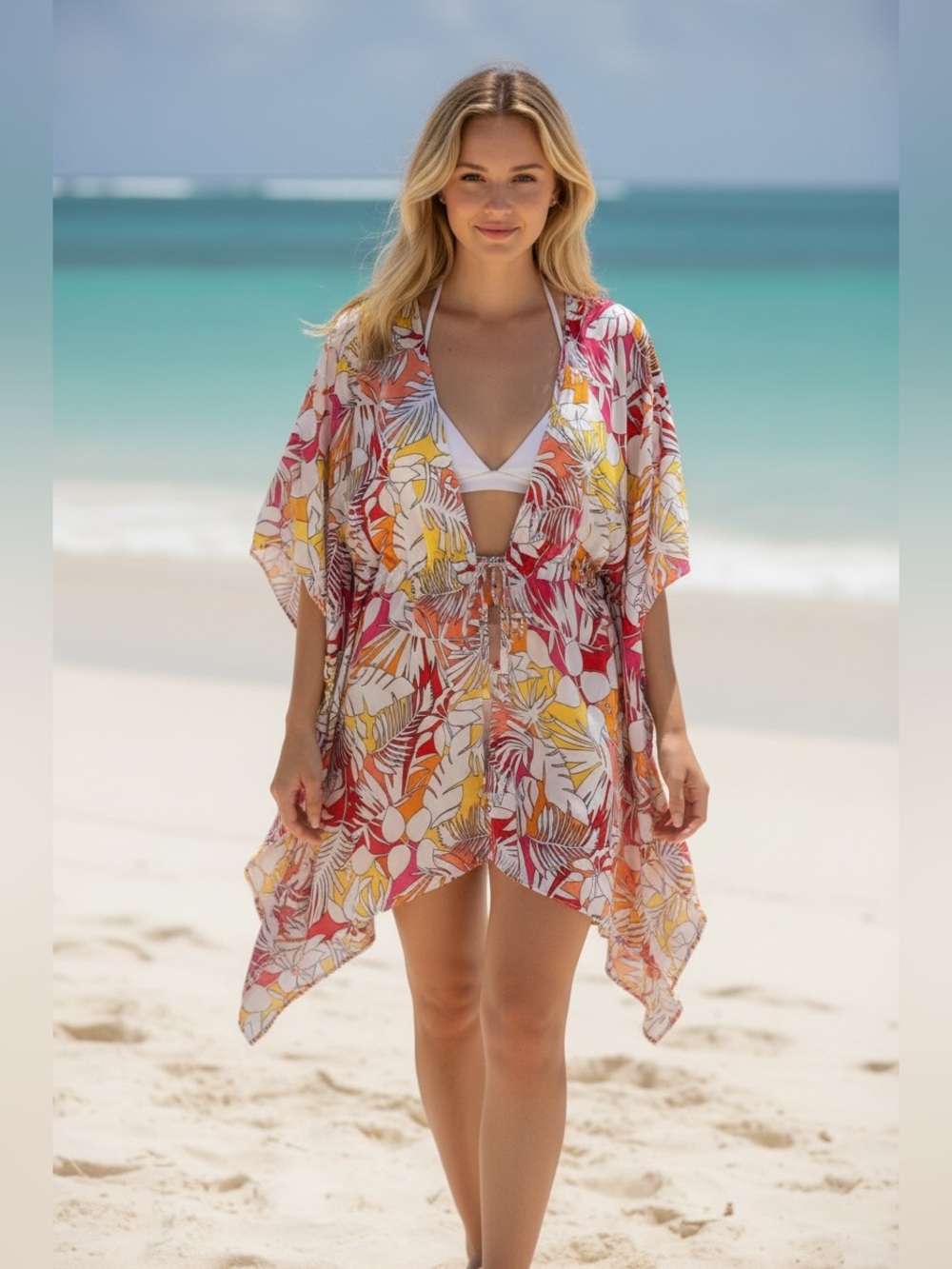 Land’s End Women's Tropical Print Swim Cover-Up Kaftan One Size